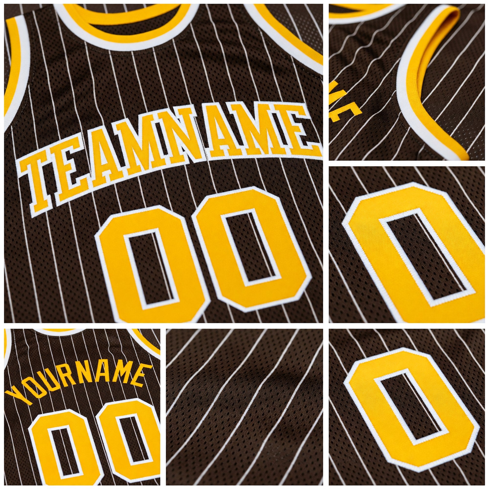 Custom Brown White Pinstripe Gold Authentic Basketball Jersey detail