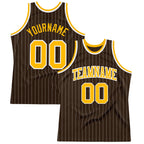 Custom Brown White Pinstripe Gold Authentic Basketball Jersey photo 1