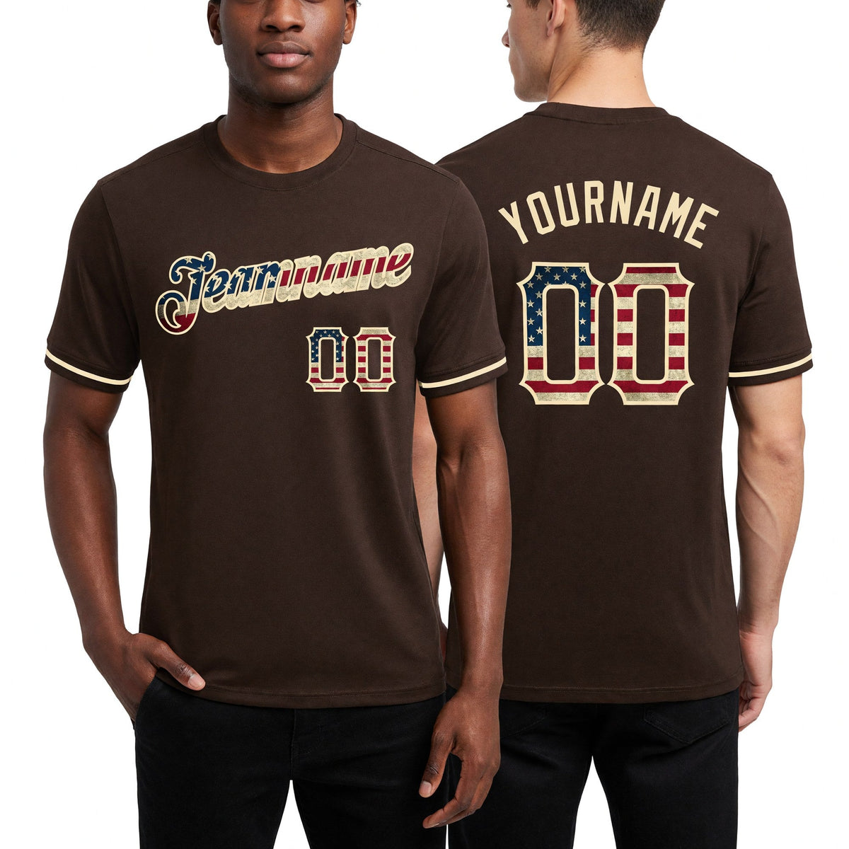 Custom Brown Vintage USA Flag-City Cream Performance T-Shirt worn front and back