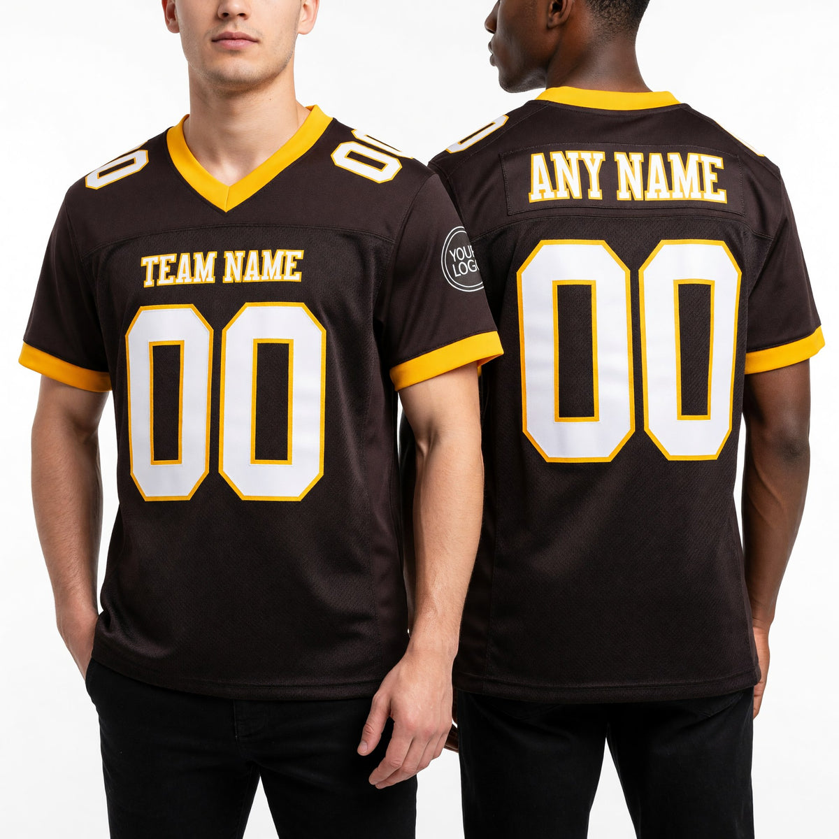 Custom Brown White-Gold Mesh Authentic Football Jersey worn front and back