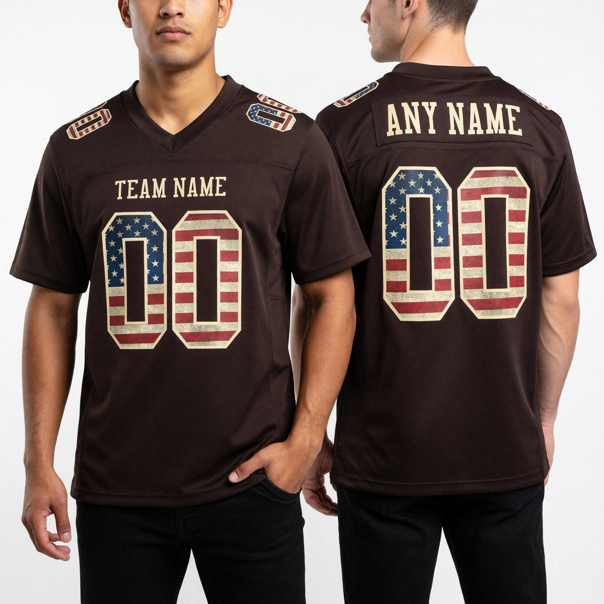 Custom Brown Vintage USA Flag-City Cream Mesh Authentic Football Jersey worn front and back