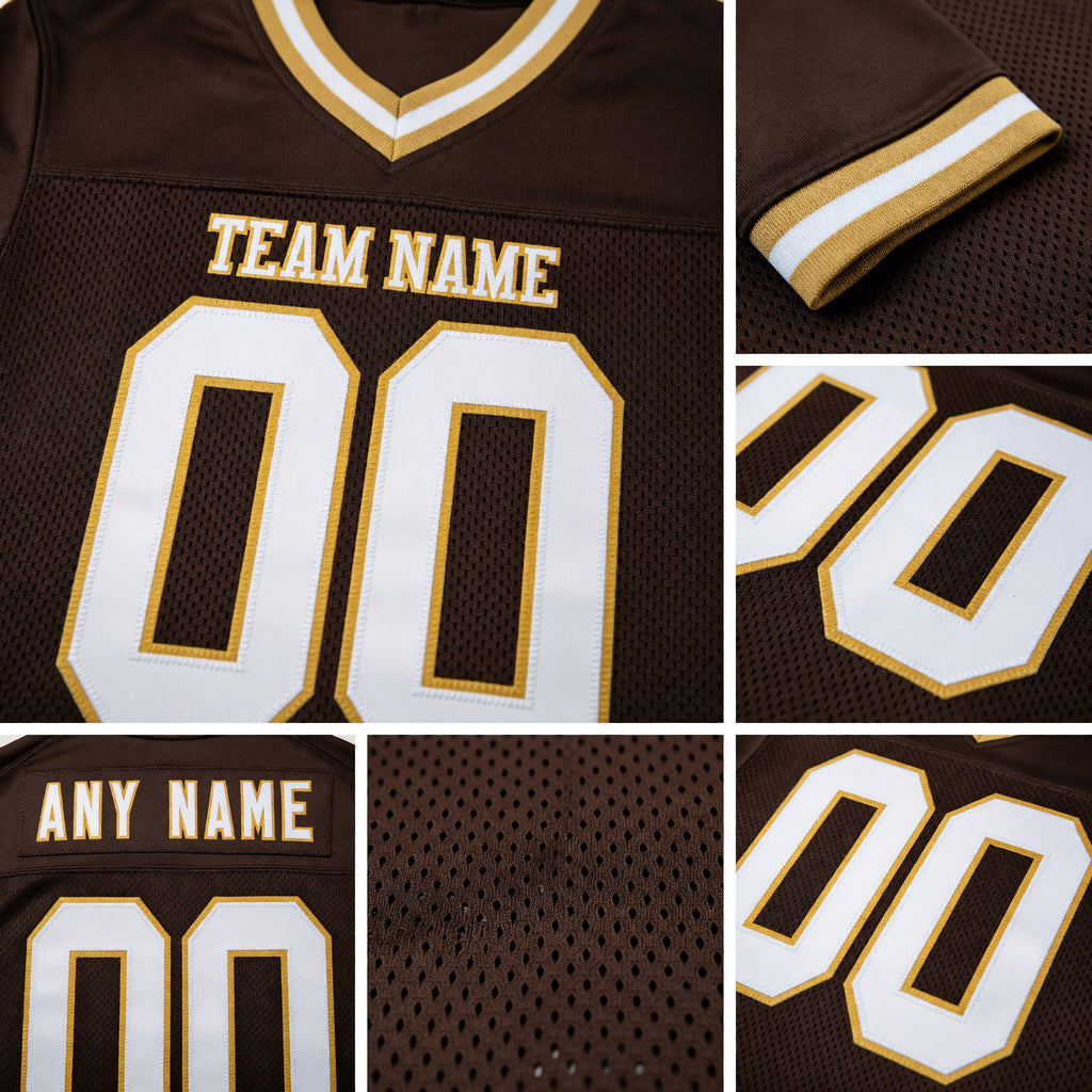 Custom Brown White-Old Gold Mesh Authentic Throwback Football Jersey detail