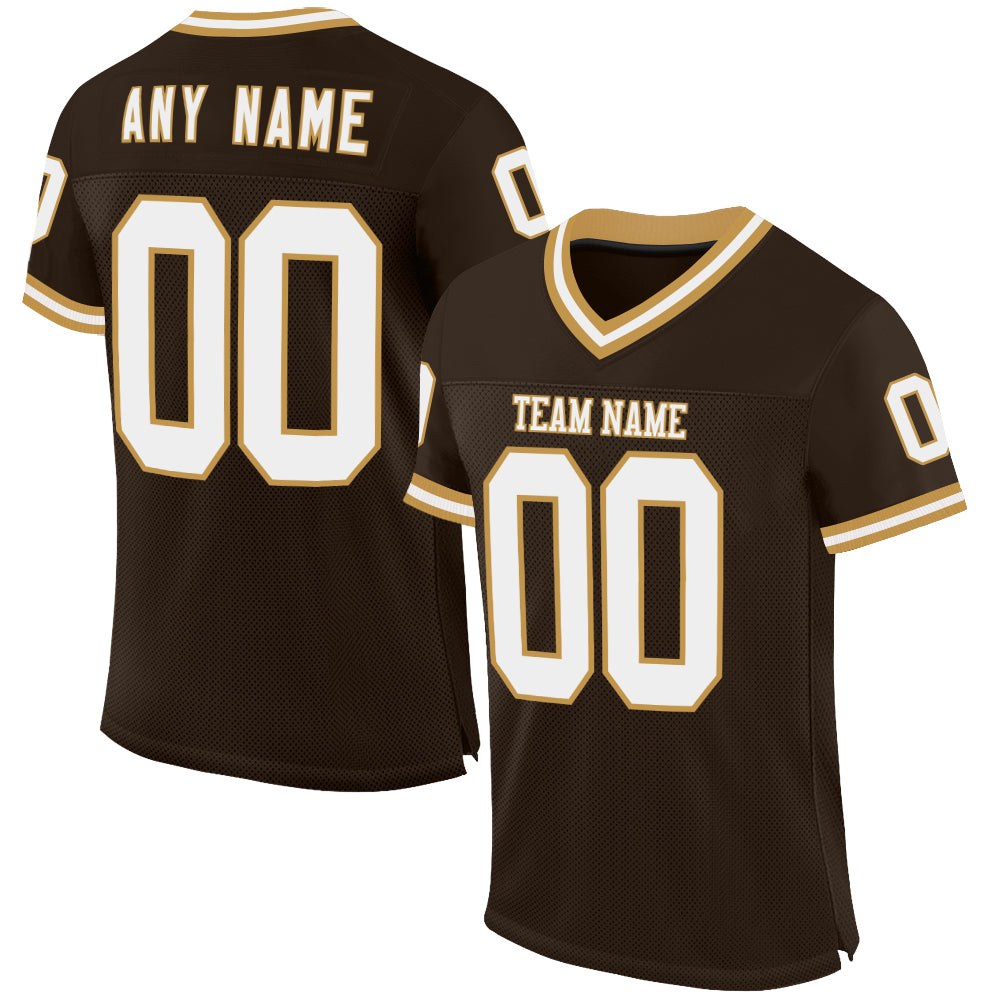 Custom Brown White-Old Gold Mesh Authentic Throwback Football Jersey photo 1