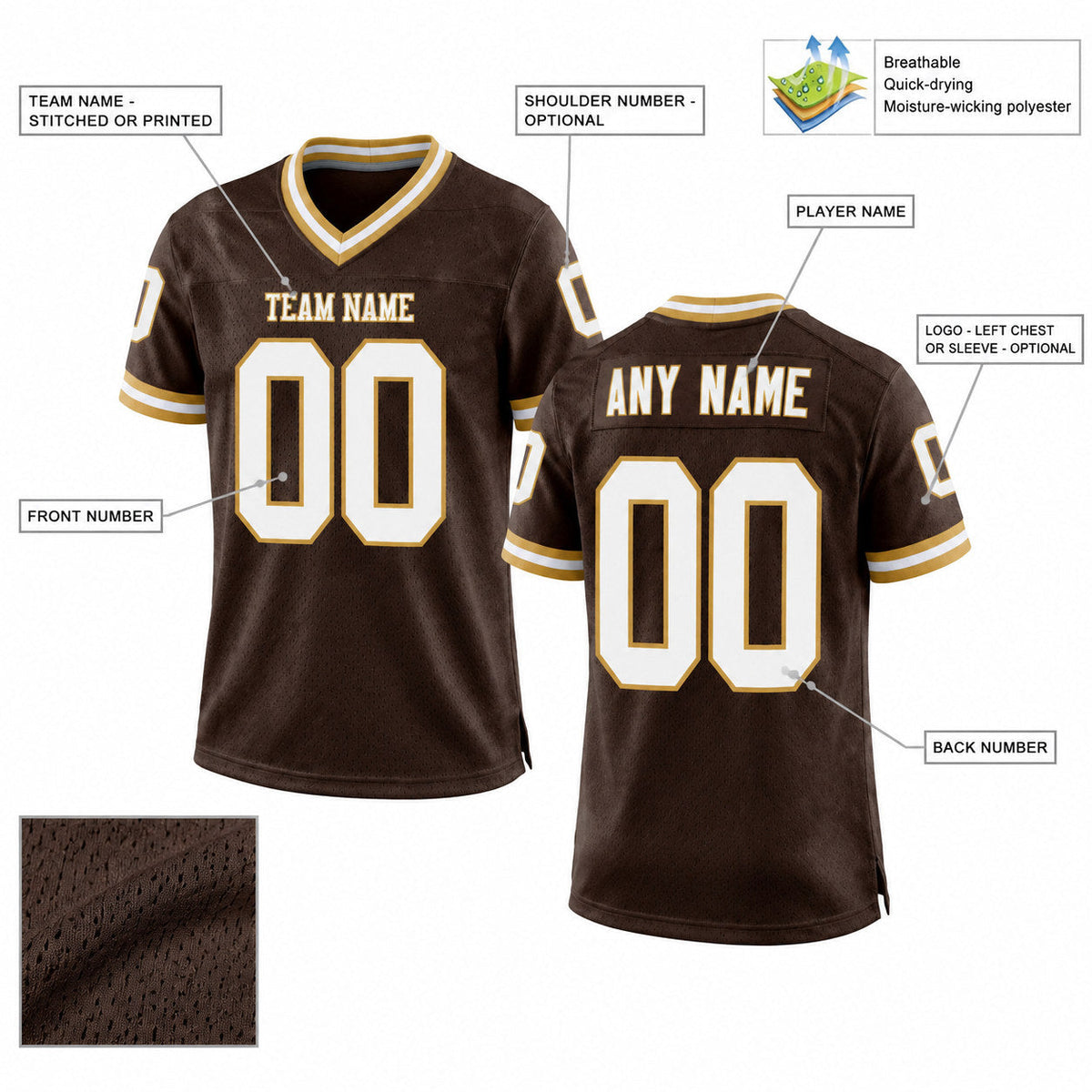 Custom Brown Mesh Authentic Football Jersey with White and Old Gold Lettering Design 0176 customization guide
