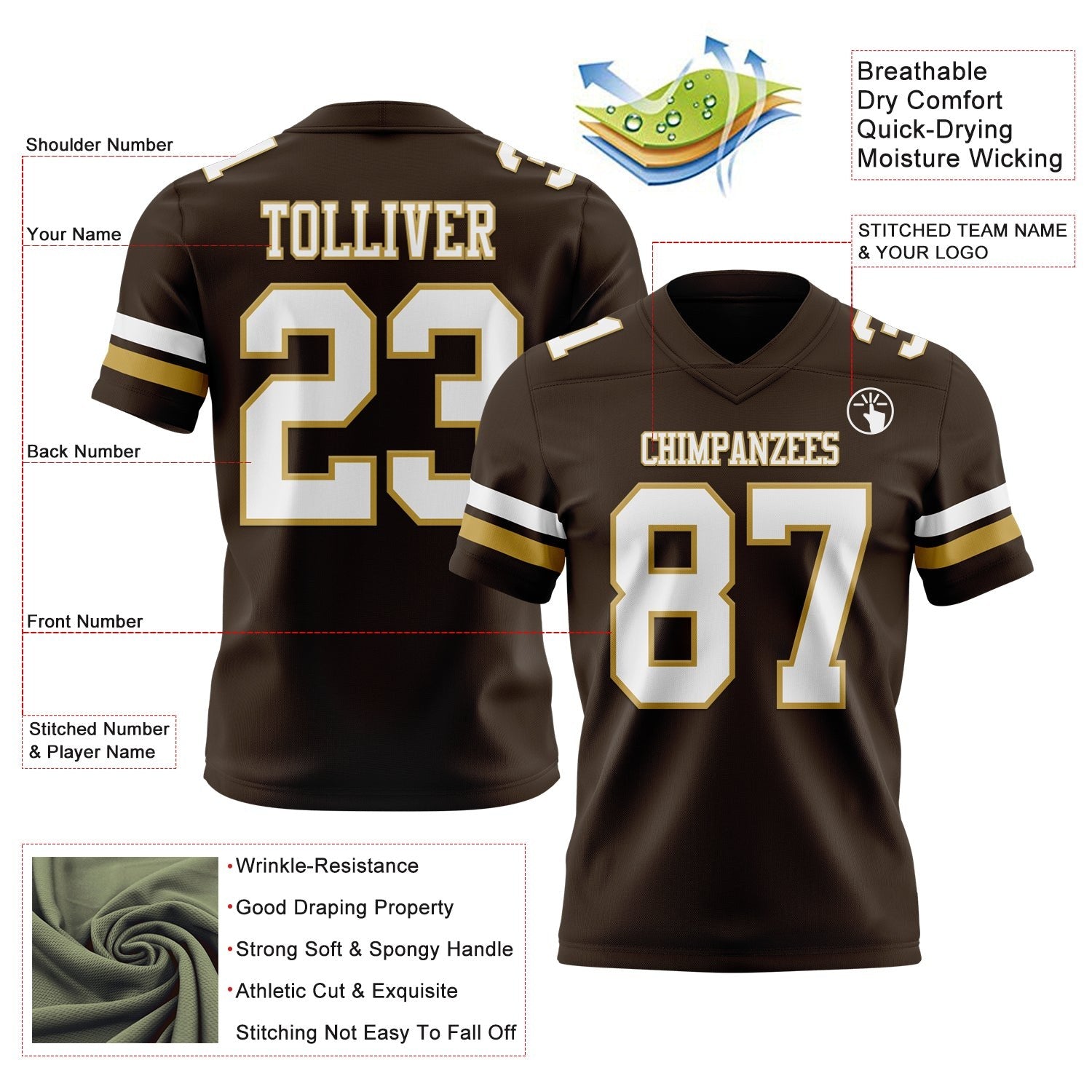 Custom Brown White-Old Gold Authentic Football Jersey photo 3