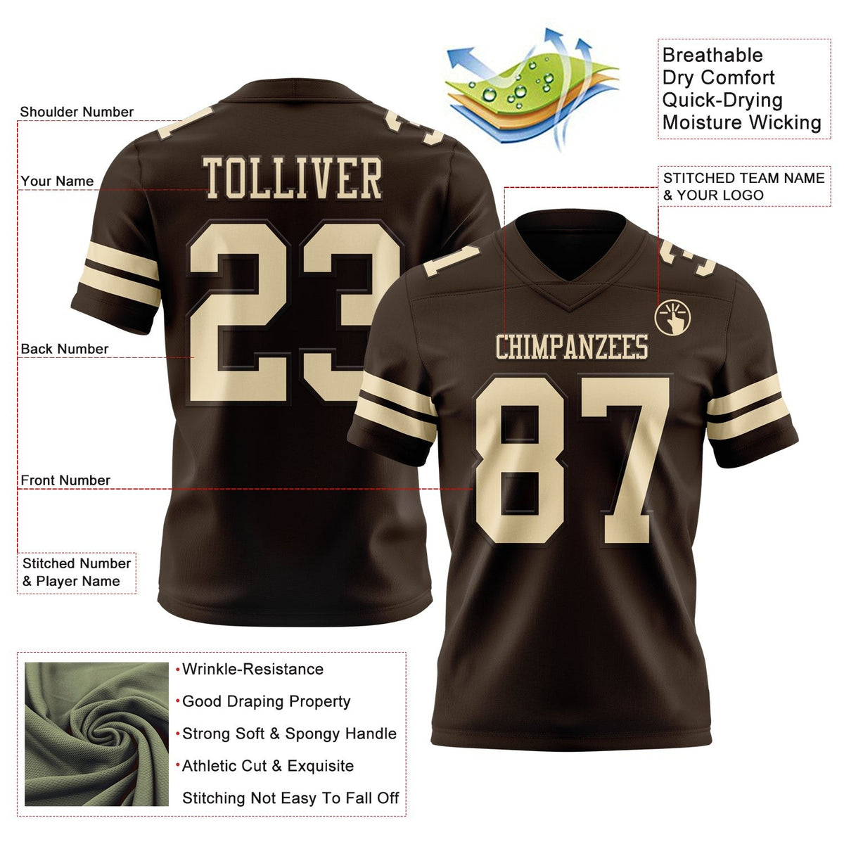 Custom Brown Cream Authentic Football Jersey photo 3
