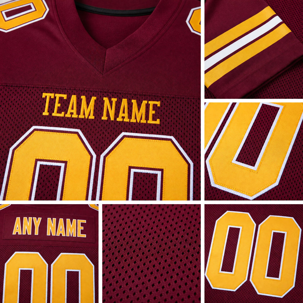 Custom Burgundy Gold-White Mesh Authentic Football Jersey detail