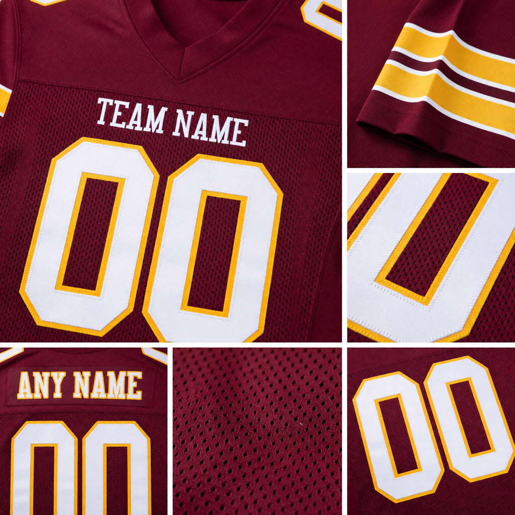 Custom Burgundy White-Gold Mesh Authentic Football Jersey detail
