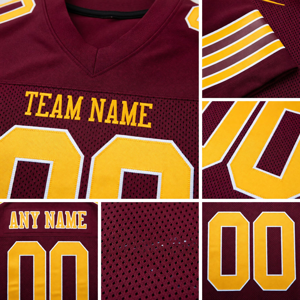 Custom Burgundy Gold-White Mesh Authentic Football Jersey detail