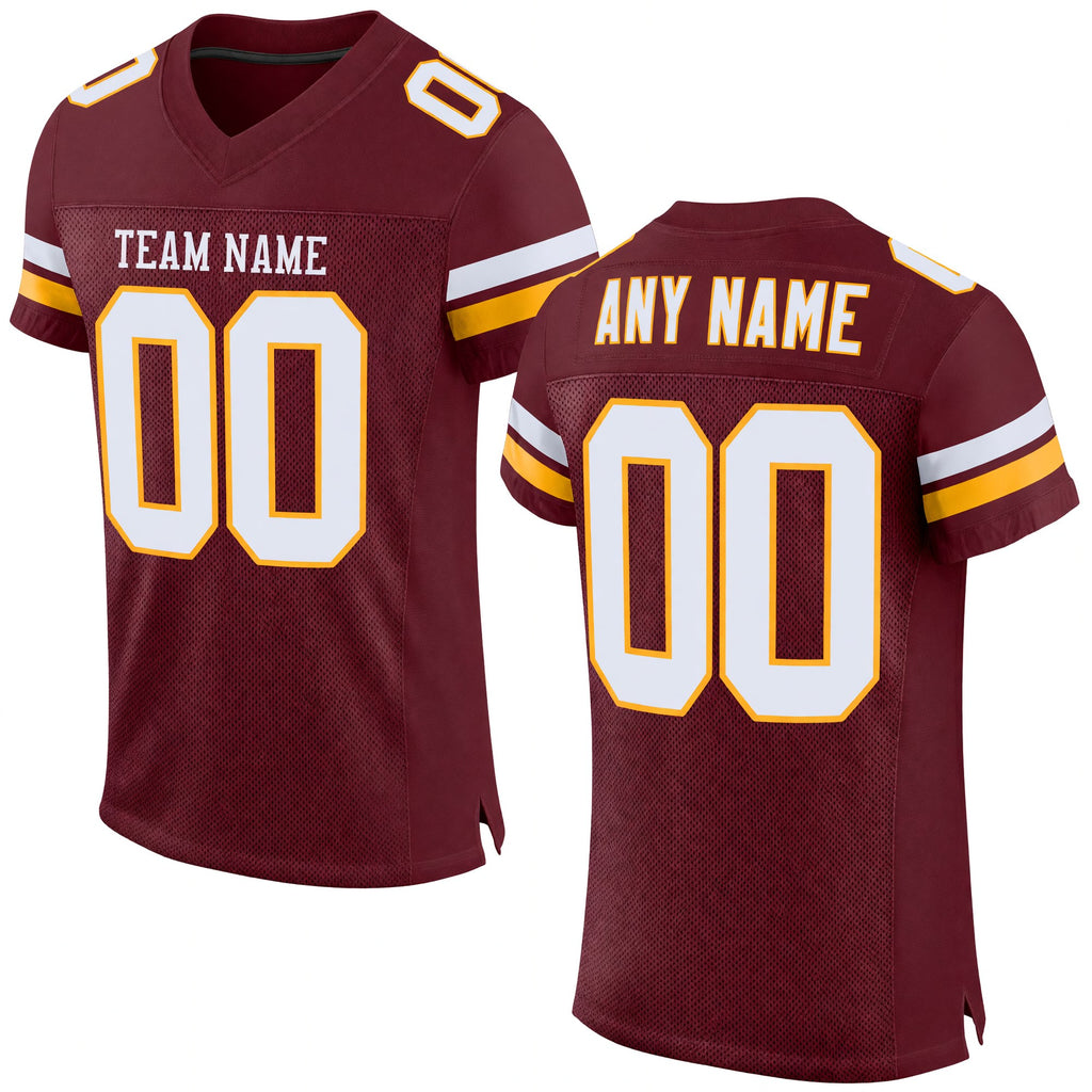 Custom Burgundy White-Gold Mesh Authentic Football Jersey