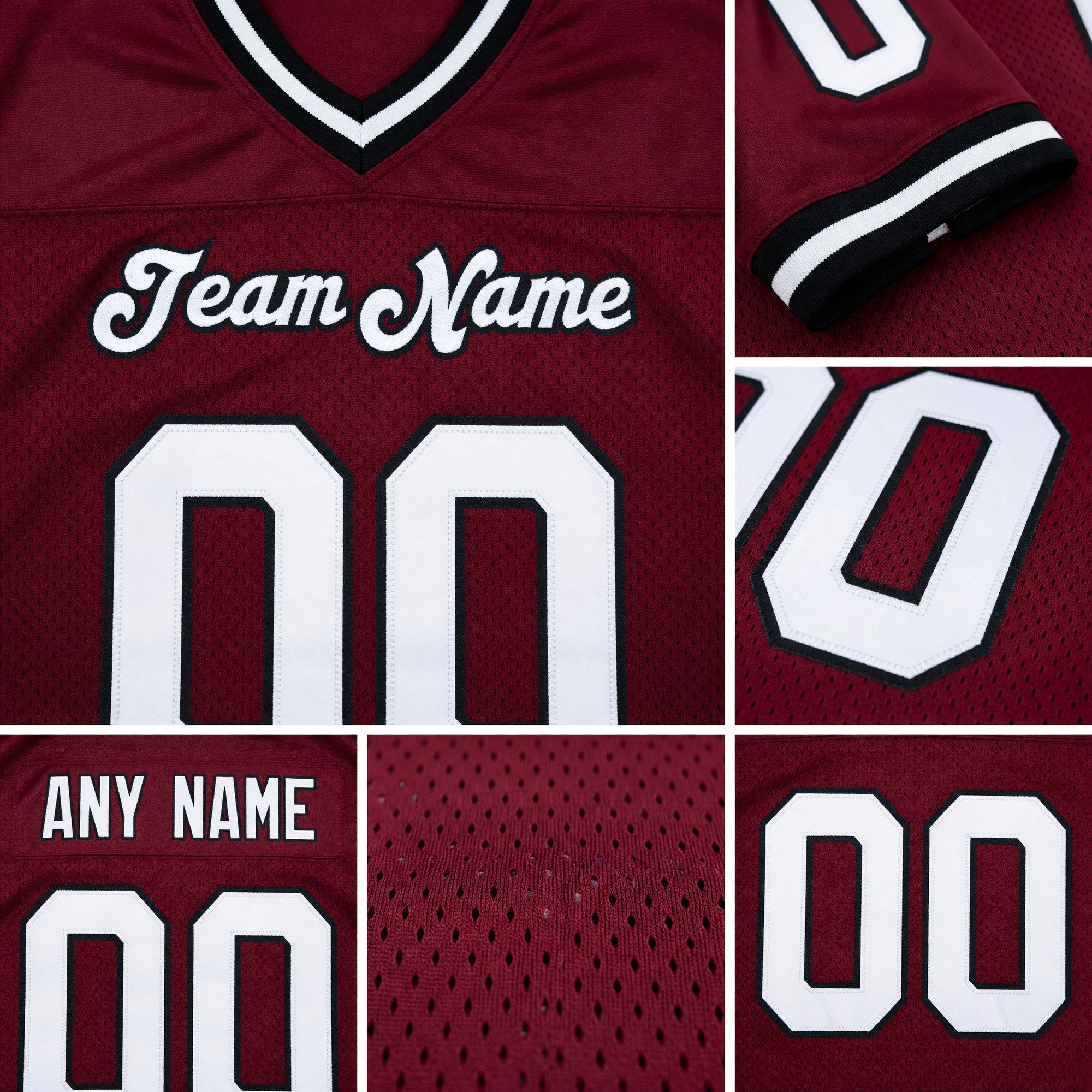 Custom Burgundy White-Black Mesh Authentic Throwback Football Jersey detail