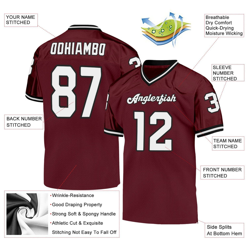 Custom Burgundy White-Black Mesh Authentic Throwback Football Jersey photo 4