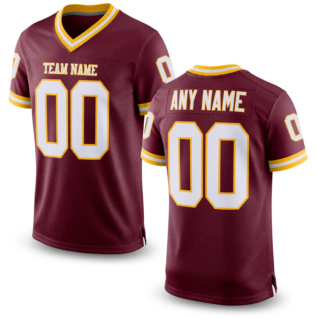 Custom Burgundy White-Gold Mesh Authentic Throwback Football Jersey