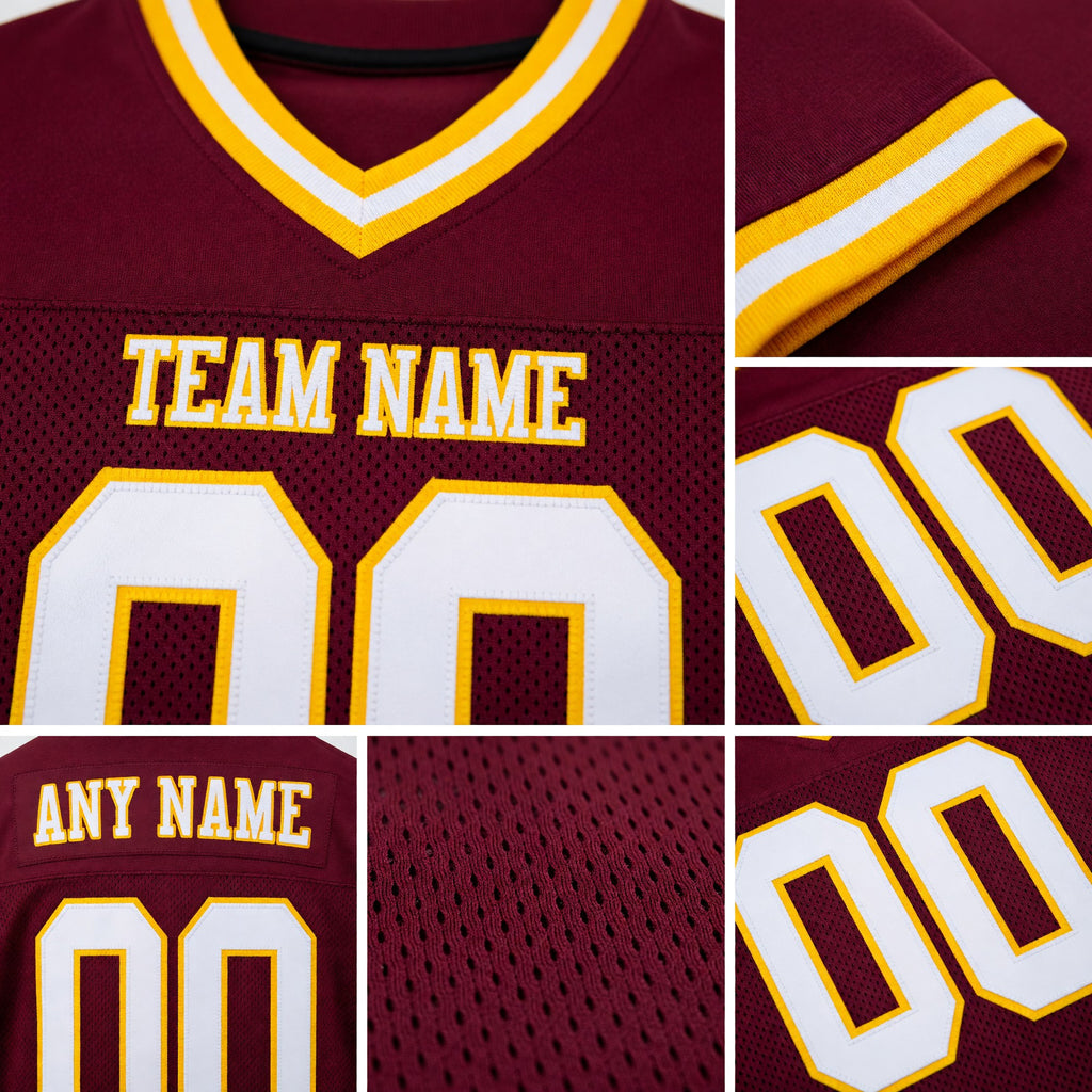 Custom Burgundy White-Gold Mesh Authentic Throwback Football Jersey detail