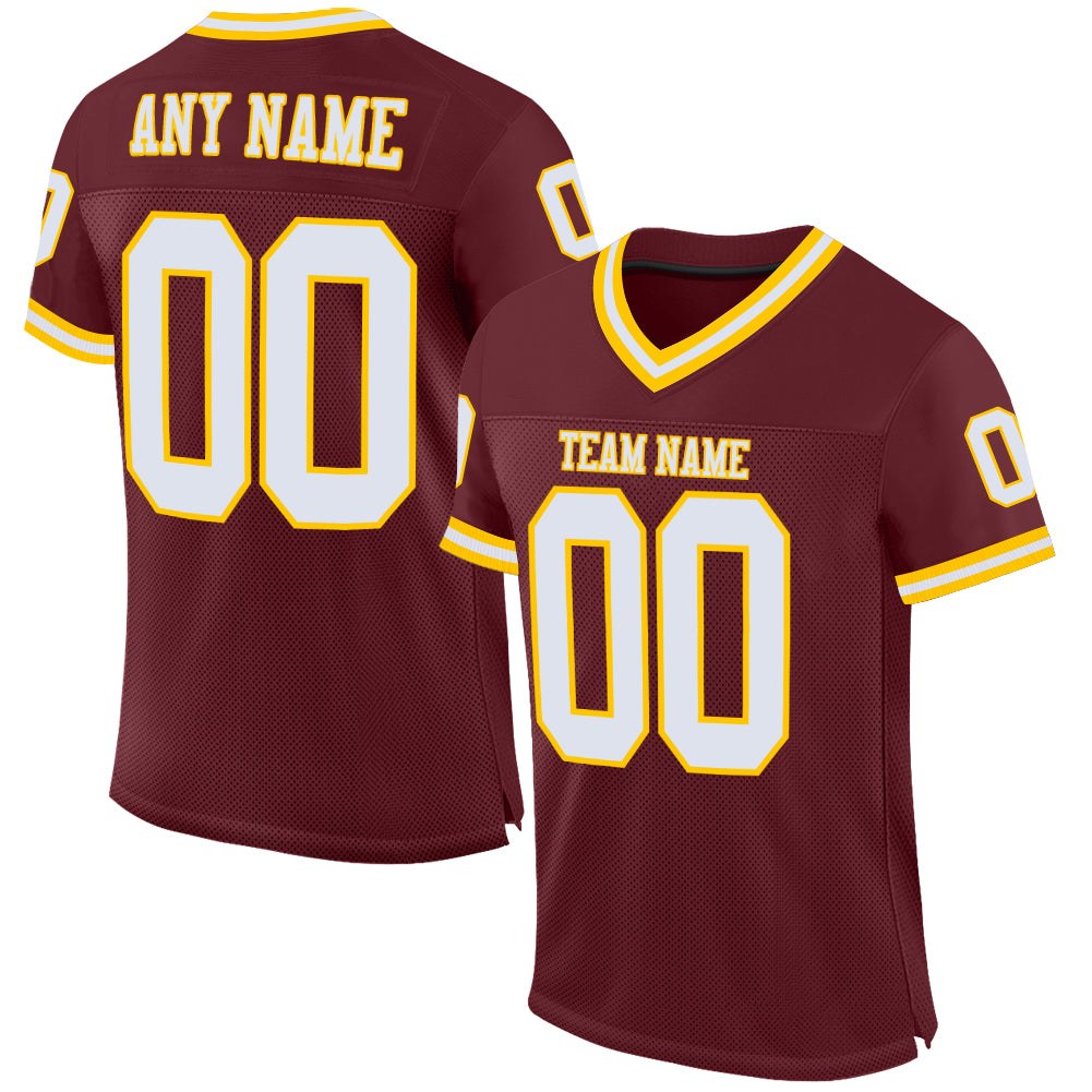 Custom Burgundy White-Gold Mesh Authentic Throwback Football Jersey photo 1
