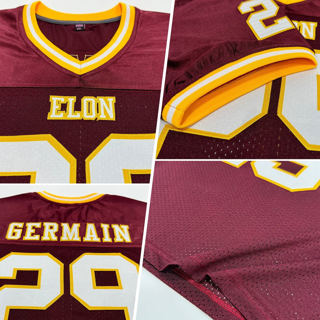 Custom Burgundy White-Gold Mesh Authentic Throwback Football Jersey photo 2