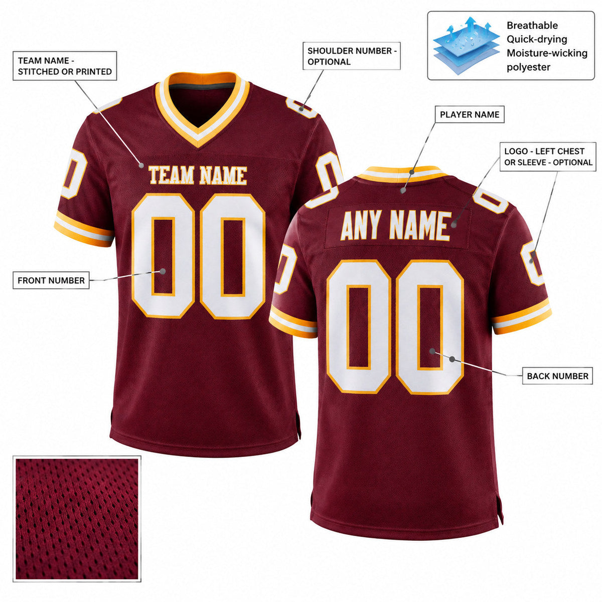 Custom Burgundy Mesh Authentic Football Jersey with White and Gold Lettering Design 0015 customization guide