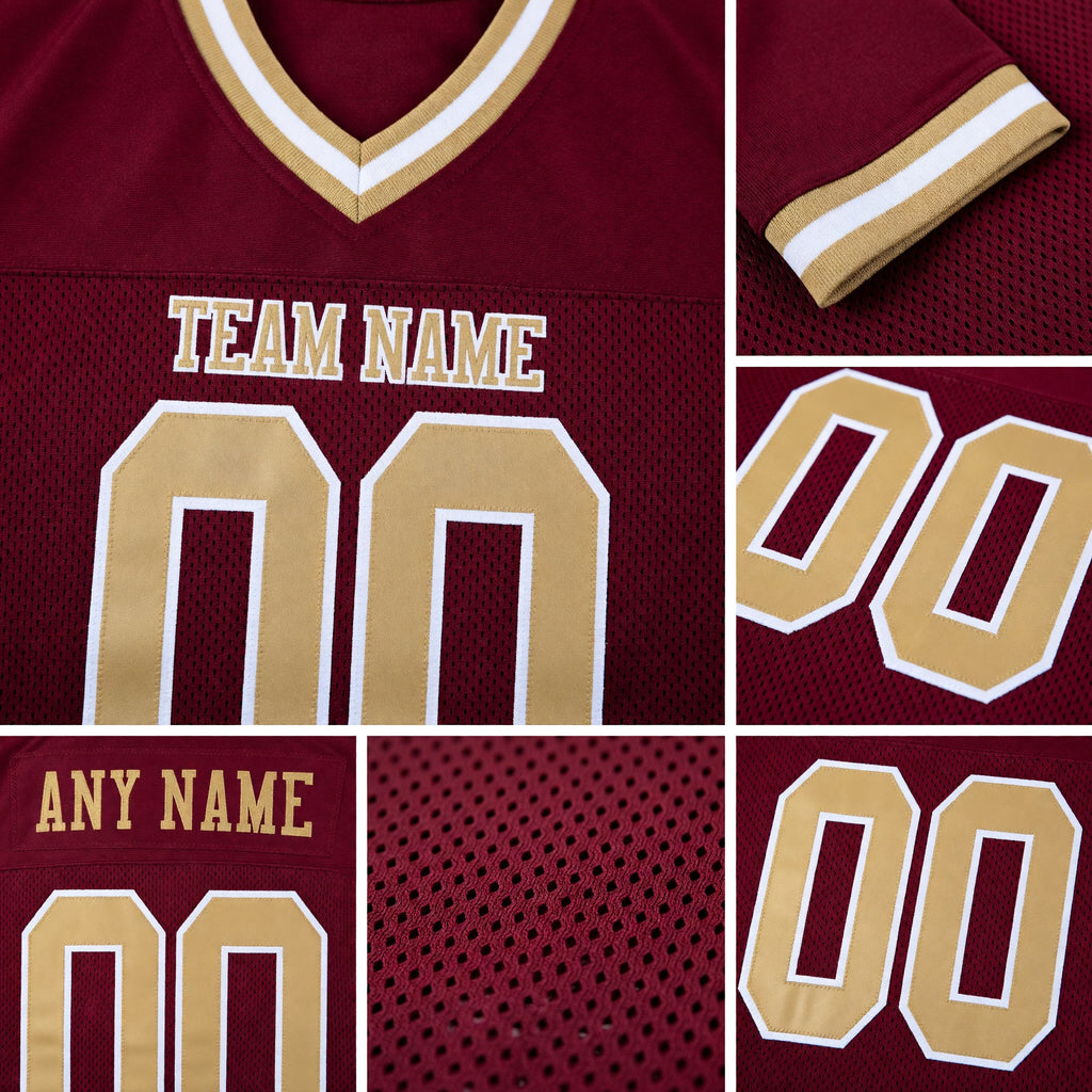 Custom Burgundy Old Gold-White Mesh Authentic Throwback Football Jersey detail