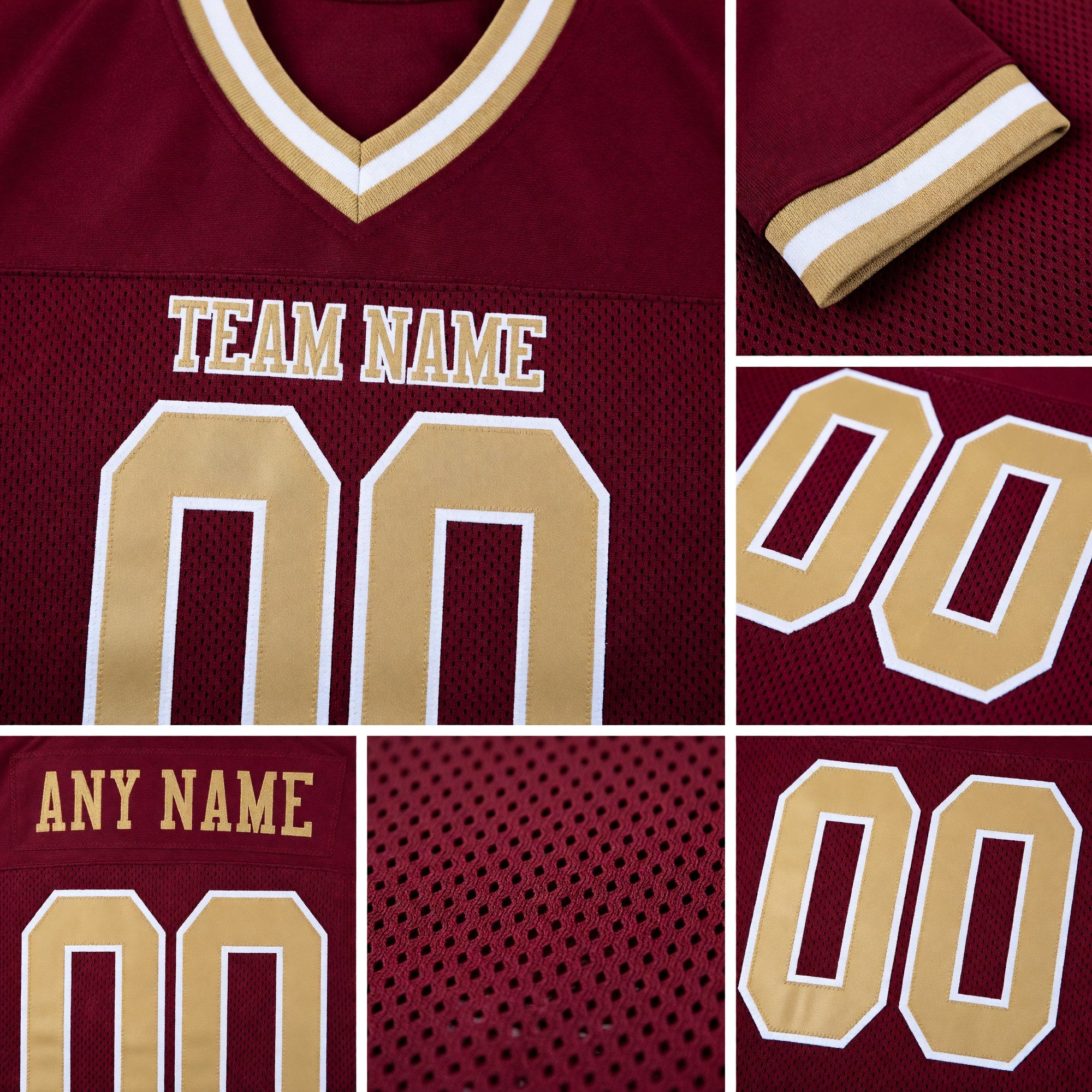 Custom Burgundy Old Gold-White Mesh Authentic Throwback Football Jersey detail