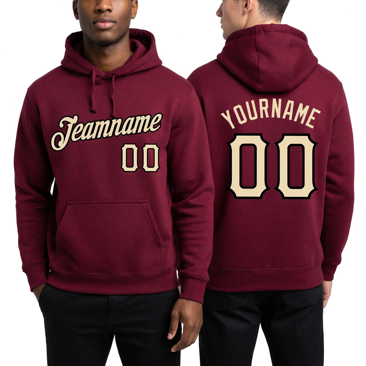 Custom Stitched Burgundy Cream-Black Sports Pullover Sweatshirt Hoodie worn front and back