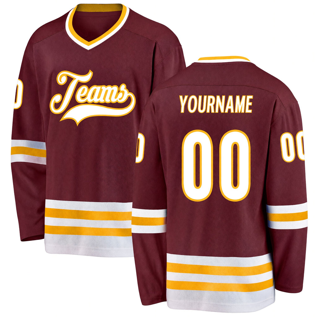 Custom Burgundy White-Gold Hockey Jersey