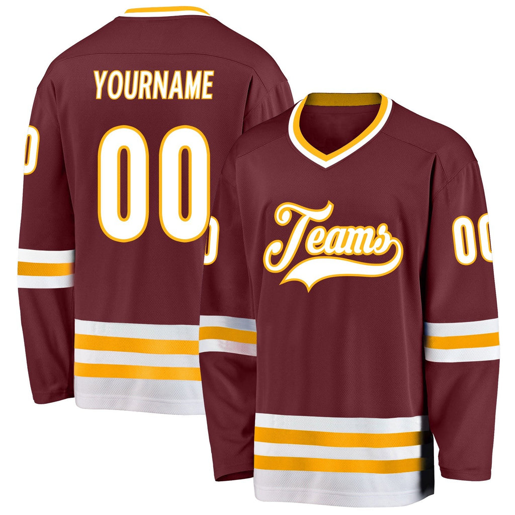 Custom Burgundy White-Gold Hockey Jersey photo 1
