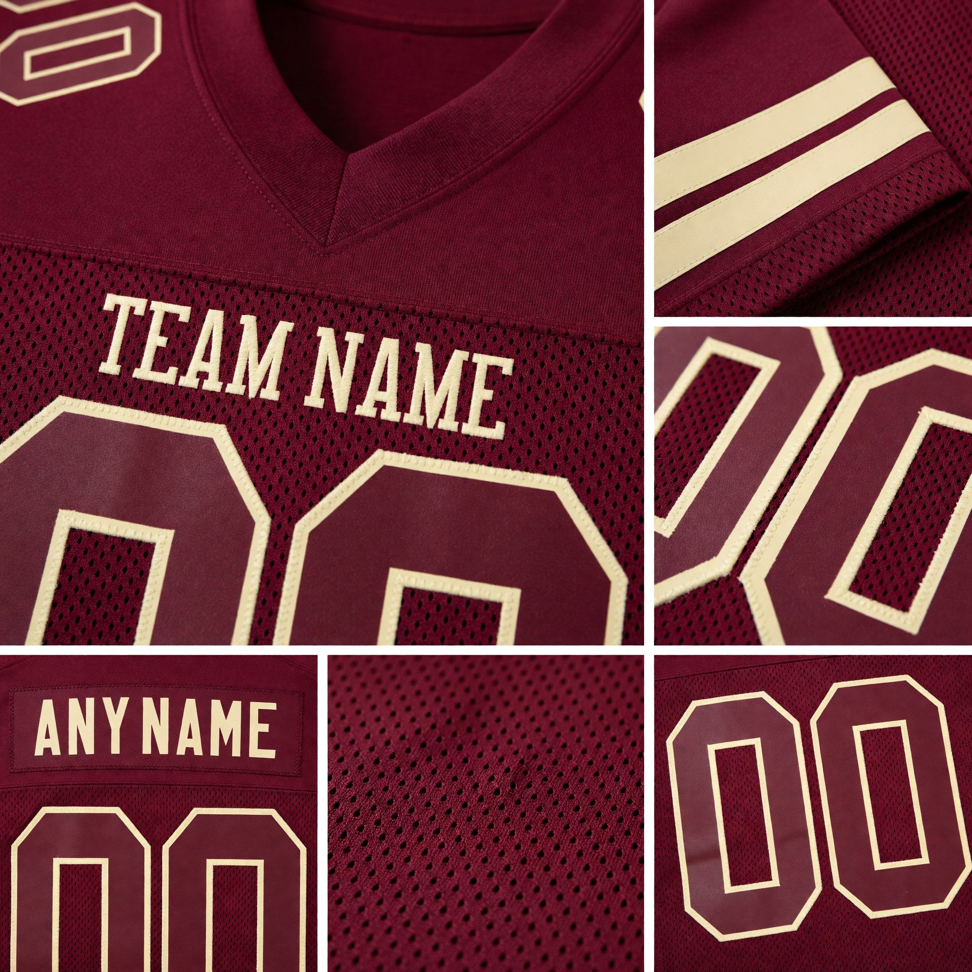 Custom Burgundy Burgundy-Cream Mesh Authentic Football Jersey detail