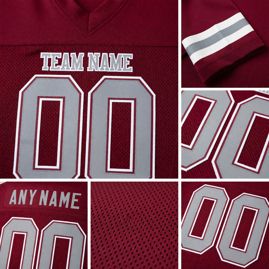 Custom Burgundy Gray-White Mesh Authentic Football Jersey detail