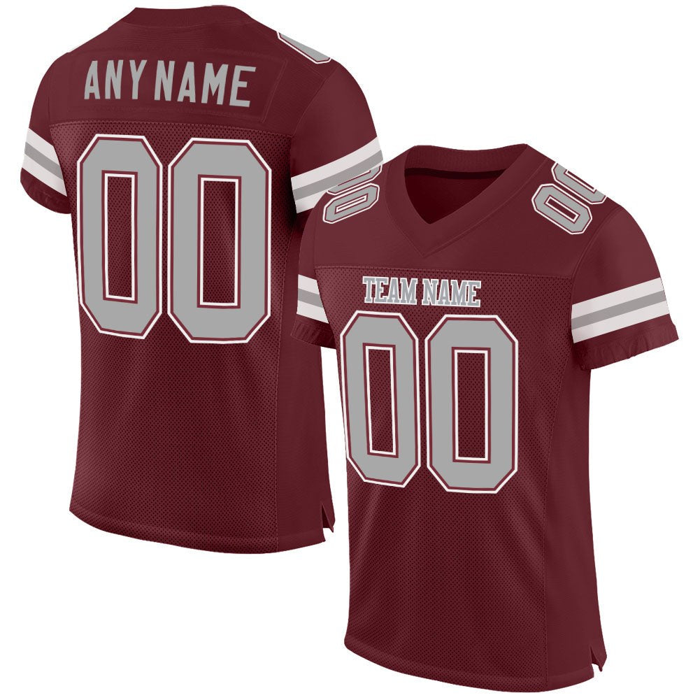 Custom Burgundy Gray-White Mesh Authentic Football Jersey photo 1