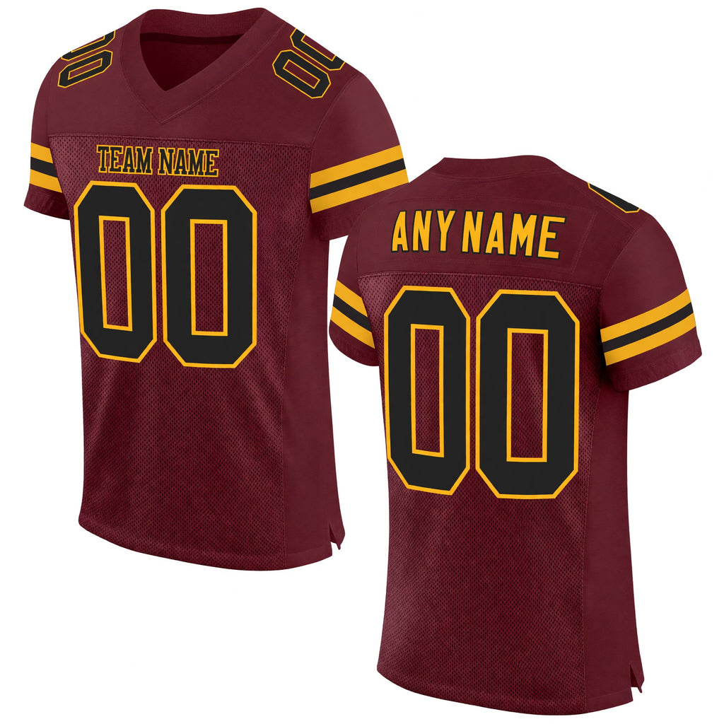 Custom Burgundy Black-Gold Mesh Authentic Football Jersey