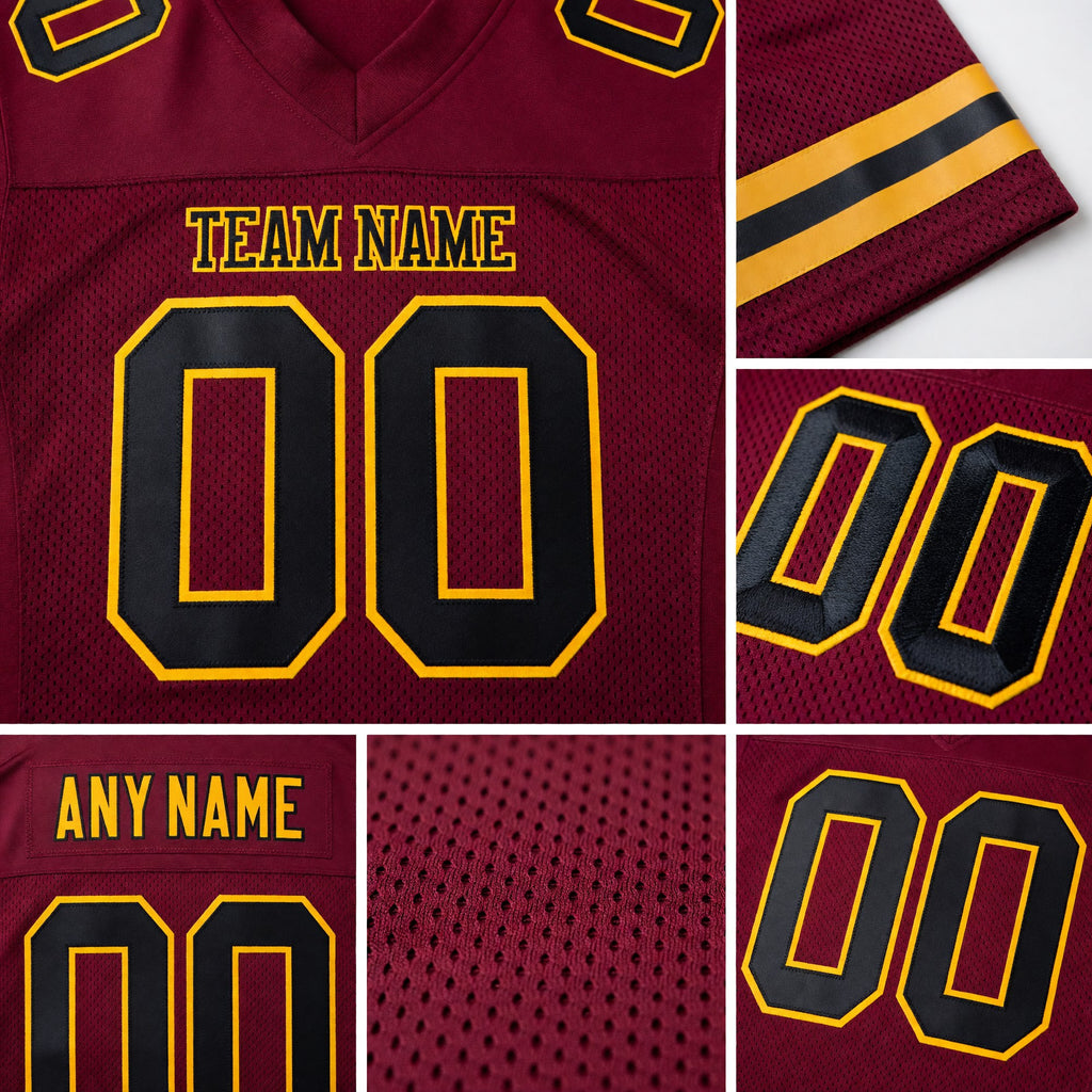 Custom Burgundy Black-Gold Mesh Authentic Football Jersey detail