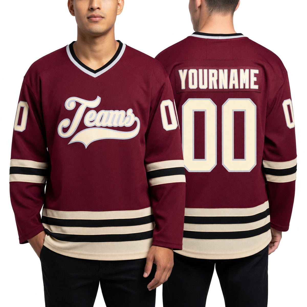 Custom Burgundy Cream-Black Hockey Jersey worn front and back