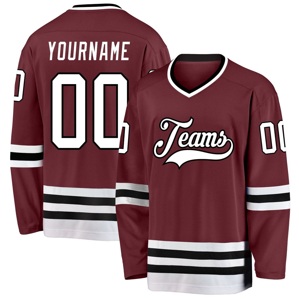 Custom Burgundy White-Black Hockey Jersey photo 1
