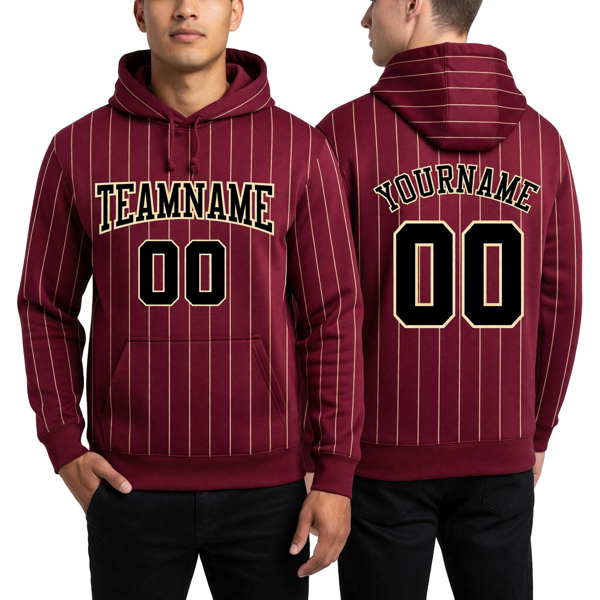 Custom Stitched Burgundy Cream Pinstripe Black-Cream Sports Pullover Sweatshirt Hoodie worn front and back