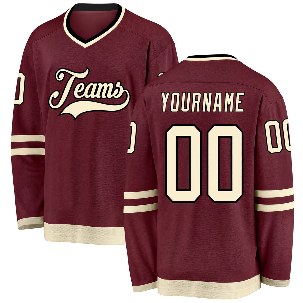 Custom Burgundy Cream-Black Hockey Jersey