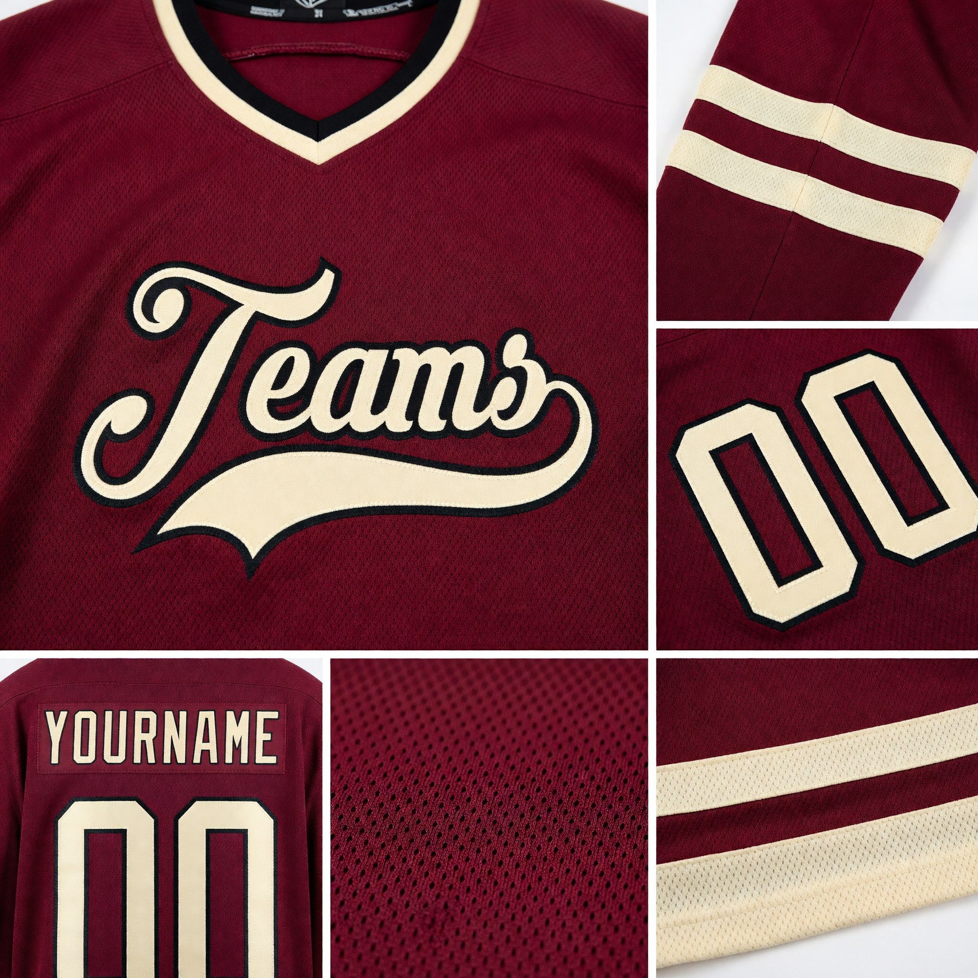 Custom Burgundy Cream-Black Hockey Jersey detail