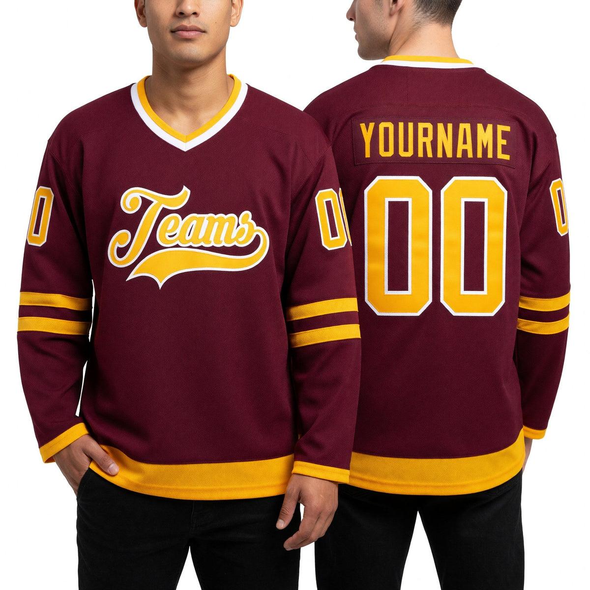Custom Burgundy Gold-White Hockey Jersey worn front and back