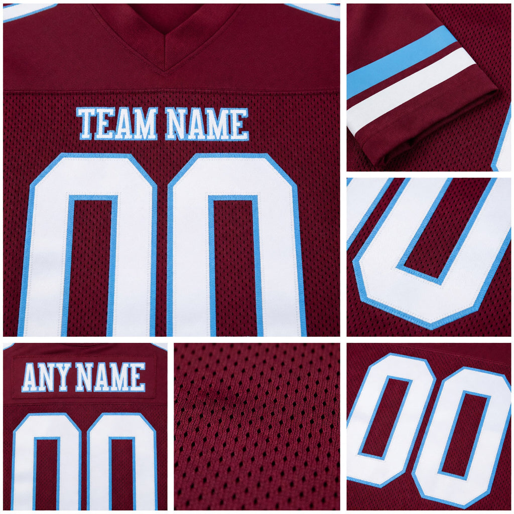Custom Burgundy White-Light Blue Mesh Authentic Football Jersey detail