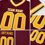 Custom Burgundy Gold-White Mesh Authentic Throwback Football Jersey detail