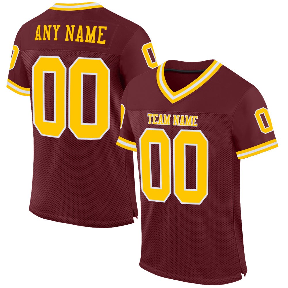Custom Burgundy Gold-White Mesh Authentic Throwback Football Jersey photo 1