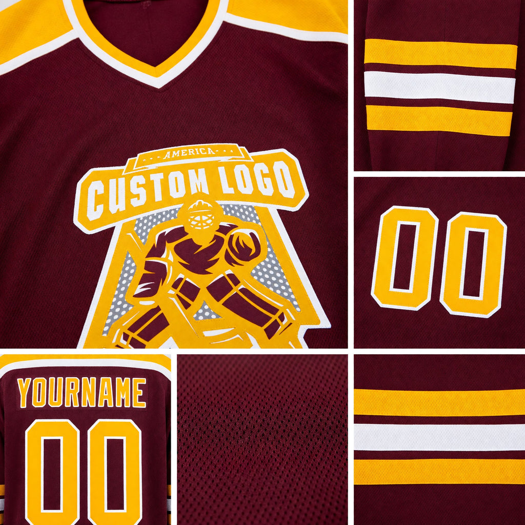 Custom Burgundy Gold-White Hockey Jersey detail