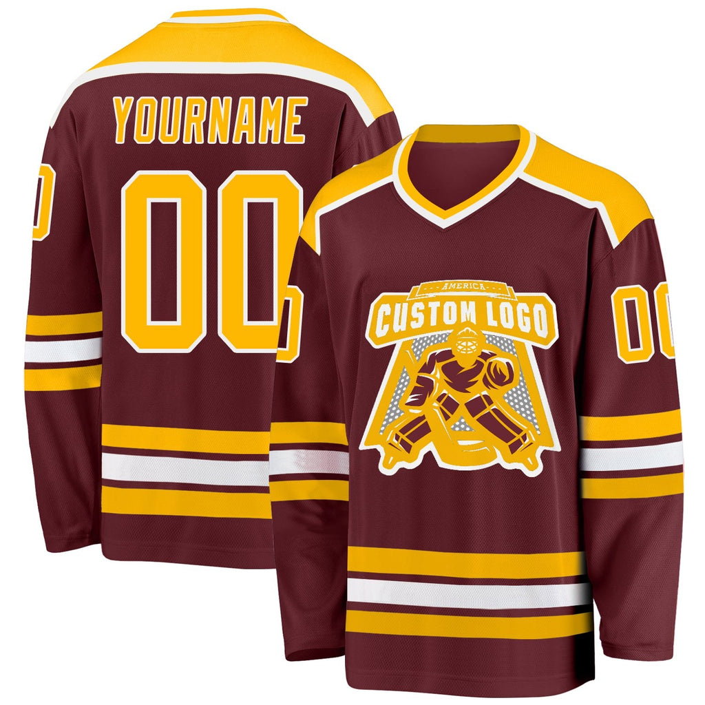 Custom Burgundy Gold-White Hockey Jersey photo 1