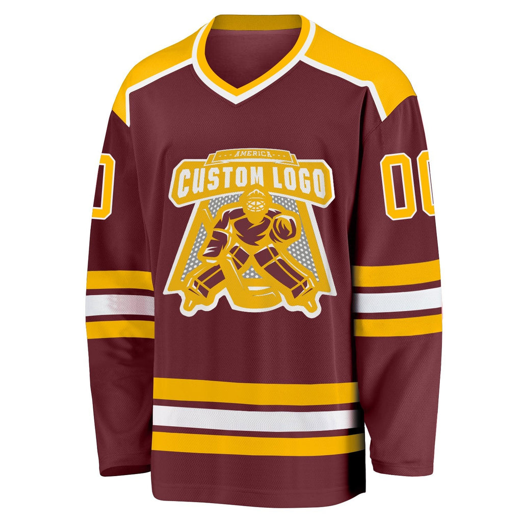 Custom Burgundy Gold-White Hockey Jersey photo 2