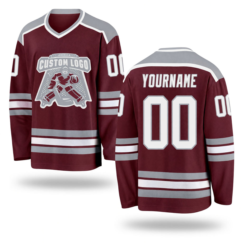 Custom Burgundy White-Gray Hockey Jersey