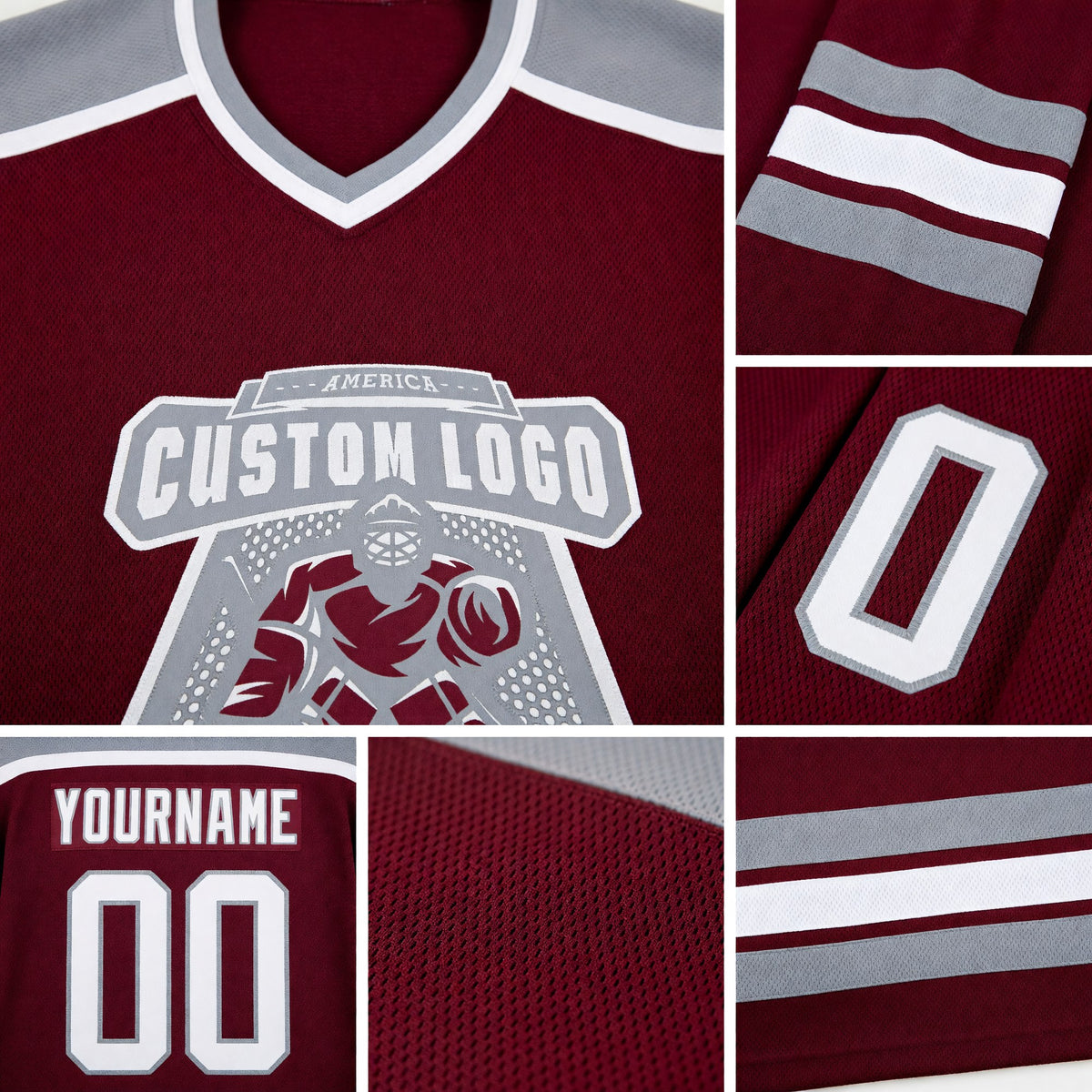 Custom Burgundy White-Gray Hockey Jersey detail