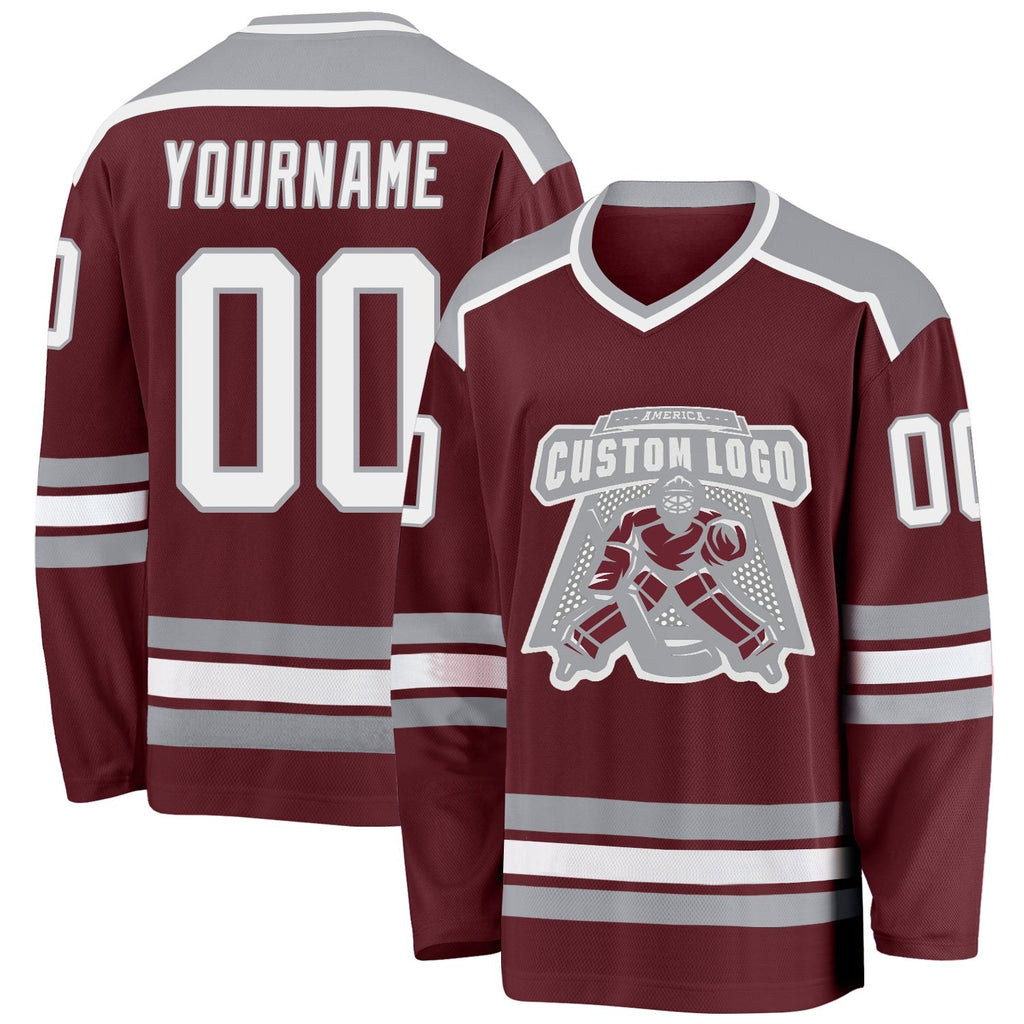 Custom Burgundy White-Gray Hockey Jersey photo 1