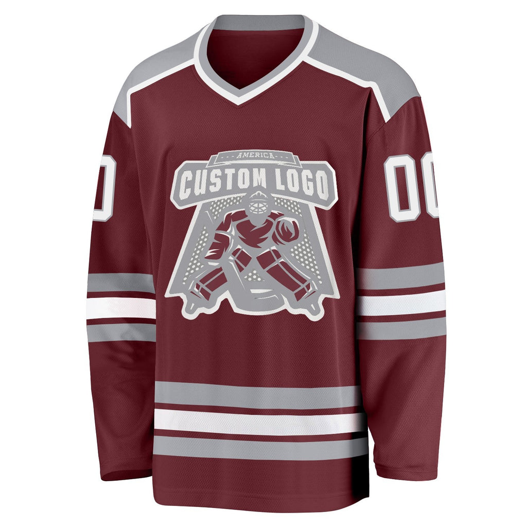 Custom Burgundy White-Gray Hockey Jersey photo 2