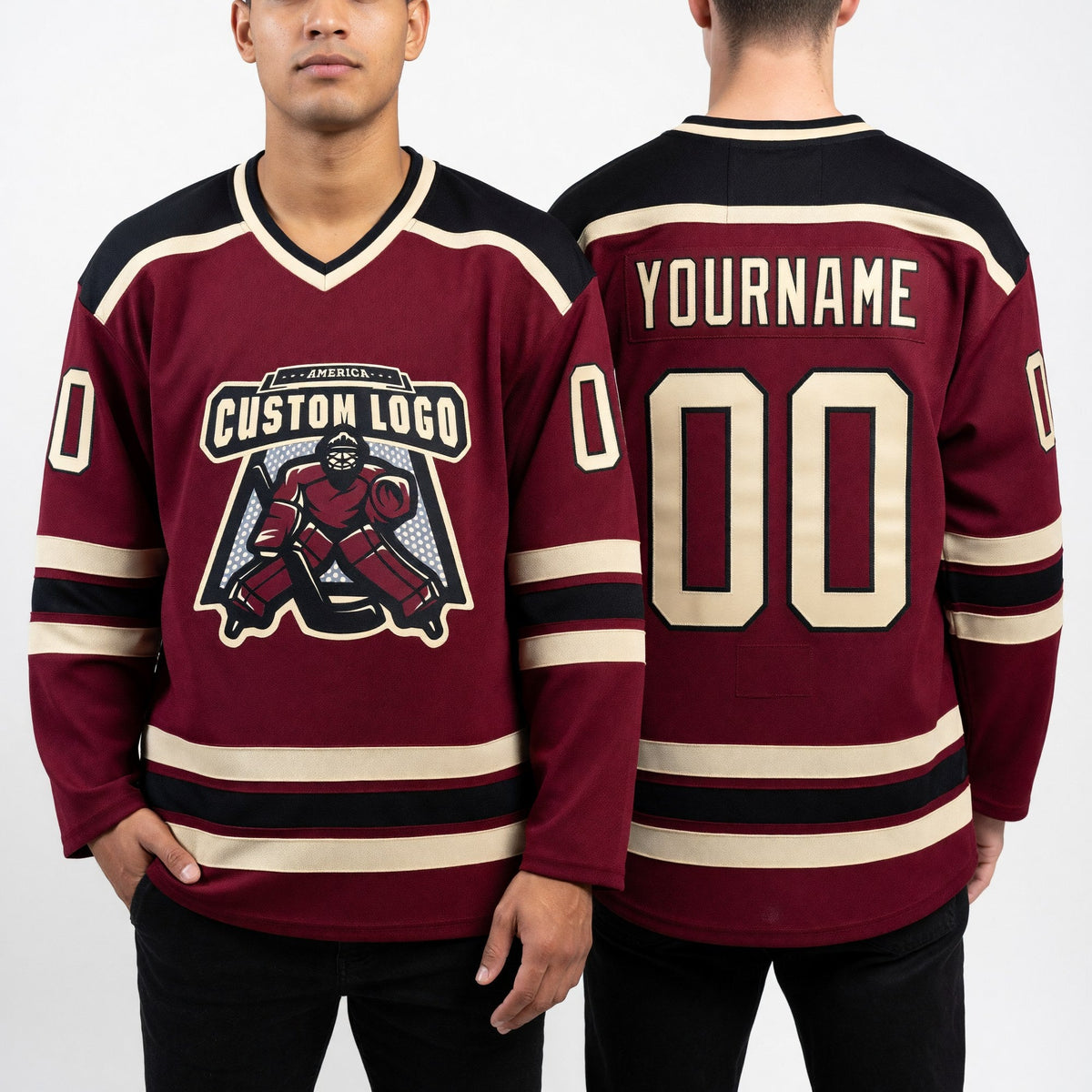 Custom Burgundy Cream-Black Hockey Jersey worn front and back