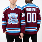 Custom Burgundy White-Light Blue Hockey Jersey worn front and back
