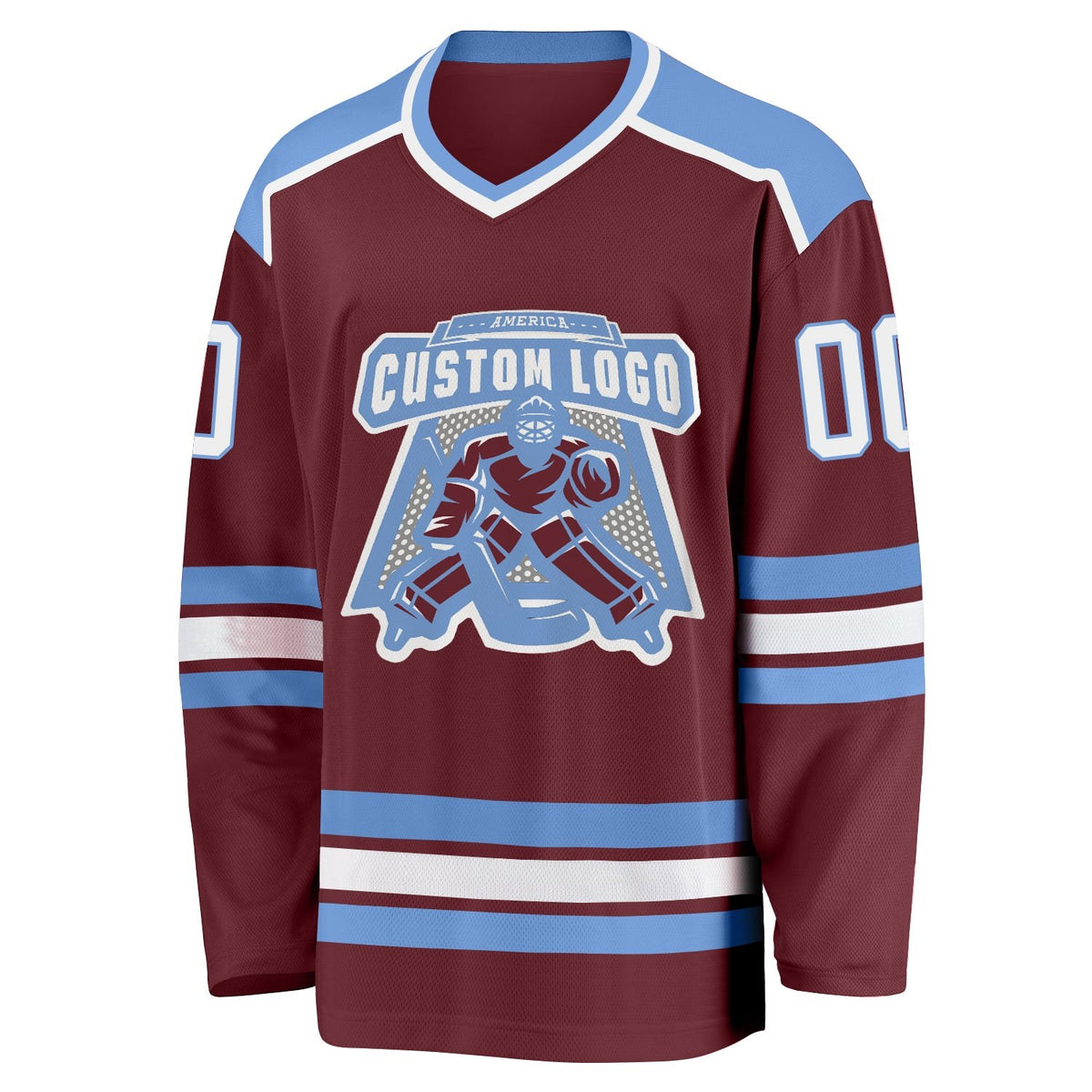 Custom Burgundy White-Light Blue Hockey Jersey photo 2